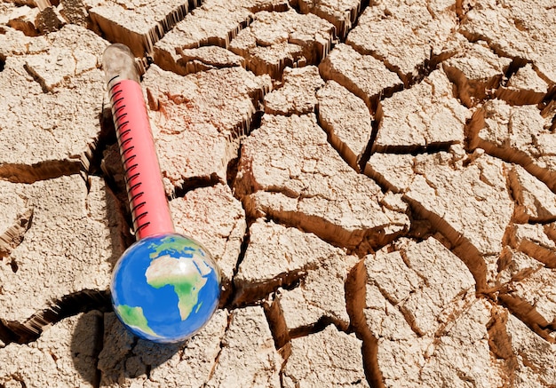 earth thermometer on dry cracked ground