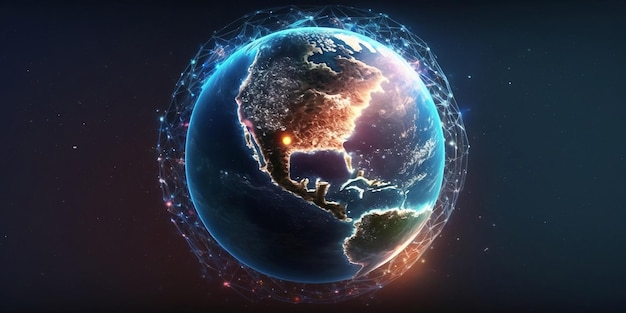 Earth view from space Global network blockchain