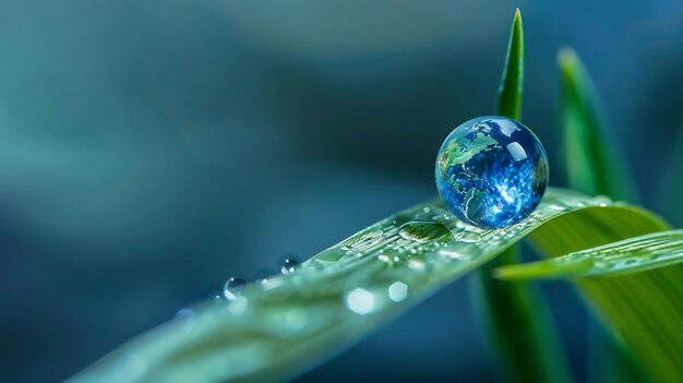 Photo earth in a water drop on a green leaf