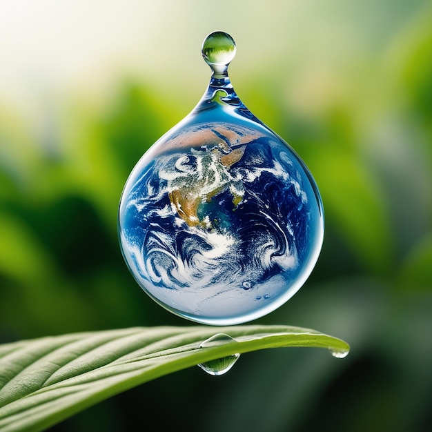 Photo earth in water drop reflection under green leaf water and environment