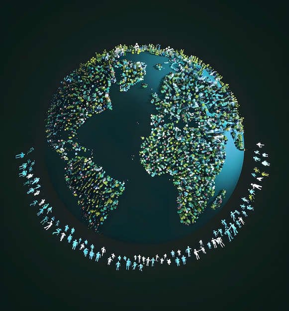 Earth with many people in the shape of a human head