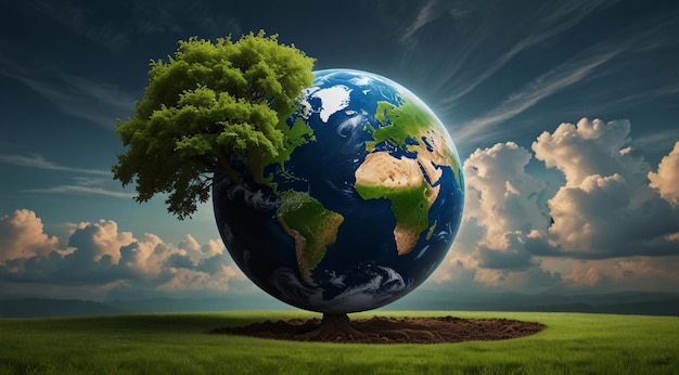 earth with a tree on it and the earth in the background