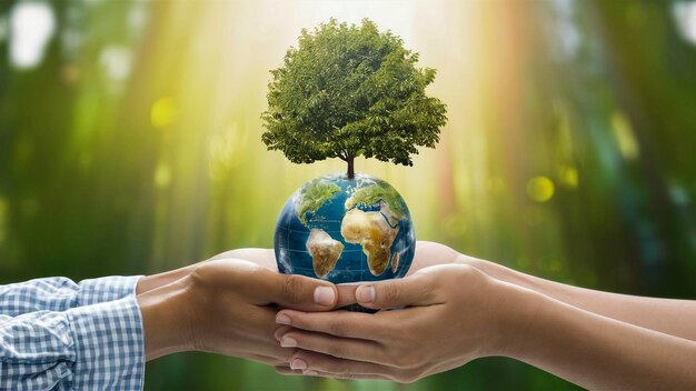 earth with a tree on it and the world in the hands