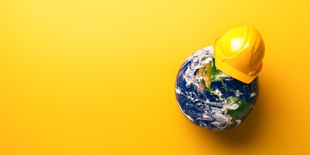 Photo earth with yellow hard hat on yellow background