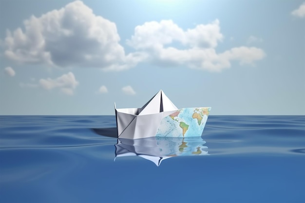 Earth world in a paper boat floating in the ocean Faith or religion conceptual theme