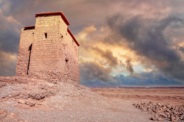 Earthen building surrounded by high walls on deserted land