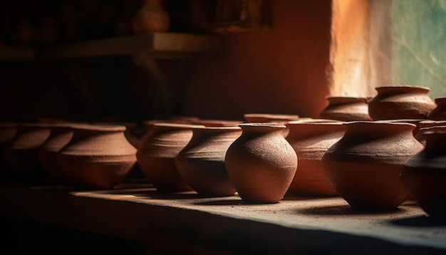 Earthenware pottery in ancient indigenous culture workshop generated by AI