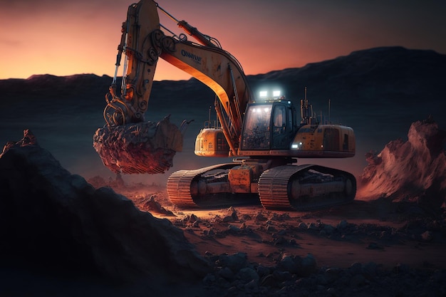 Earthmoving activities on a construction site at dusk using a crawler excavator