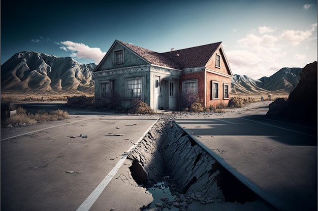 Earthquake damaged and split road in front of damaged house background