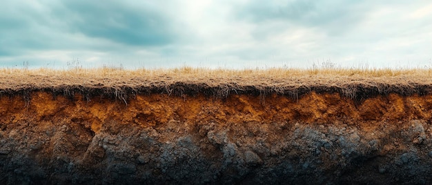 Photo earths soil layers reveal rich textures and colors showcasing beauty of nature contrast between brown earth and grassy top adds depth to landscape