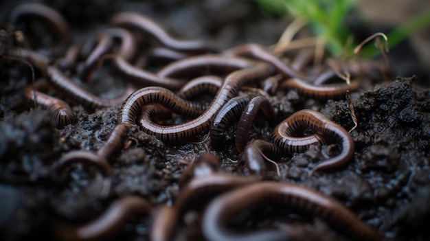 Earthworms in the ground close up Fertilizers and compost