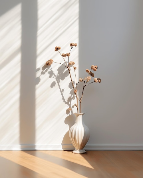 Earthy colored stone table vase with cotton branch leaf natural plant and simple white wall with sun