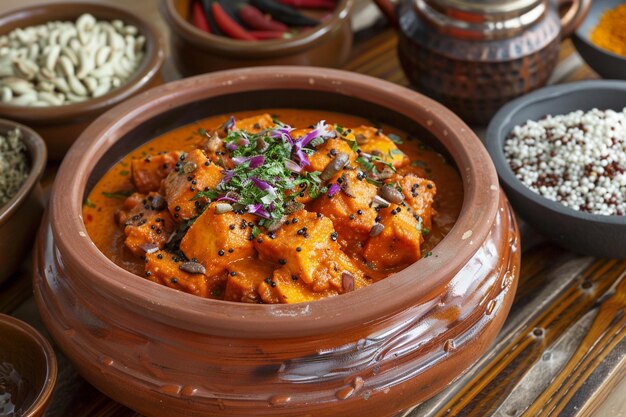 Earthy terracotta bowl of matar paneer