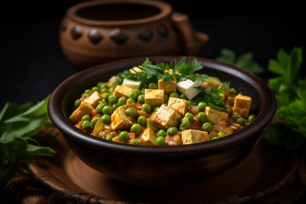 Earthy terracotta bowl of matar paneer