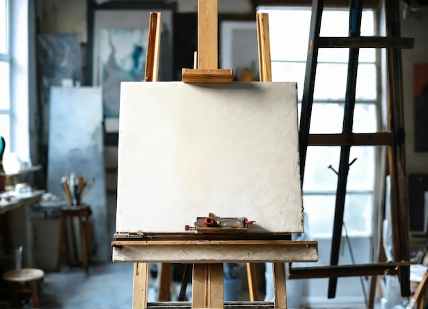 Photo easel with blank canvas in artists studio