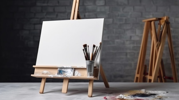 An easel with a paint brush and a paintbrush on it.