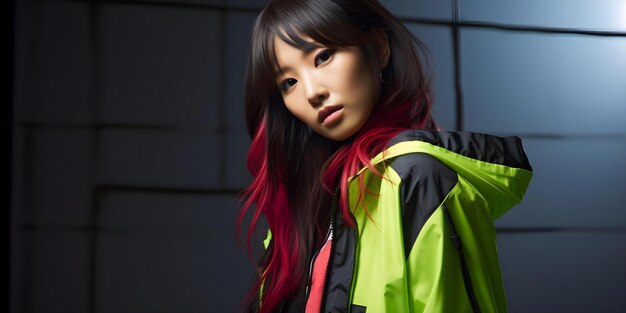 Photo east asian woman in edgy street style with neon windbreaker and skateboard concept street style east asian fashion neon windbreaker skateboard edgy outfit