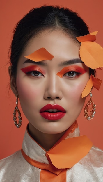 East Asian woman with red lips and gold eyeshadow