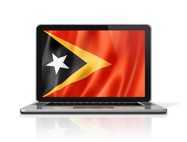 East Timor flag on laptop screen isolated on white. 3D illustration render.