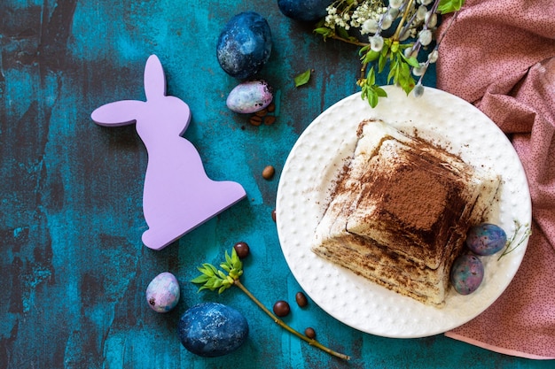 Easter background Dessert tiramisu Easter cottage cheese pascha on festive table Top view Copy space