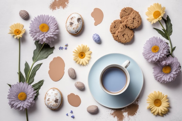 Easter background Glazed cookies coffee cup Illustration AI Generative