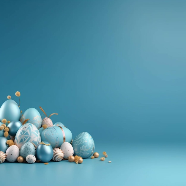 Easter background with blue eggs and golden confetti Vector illustration