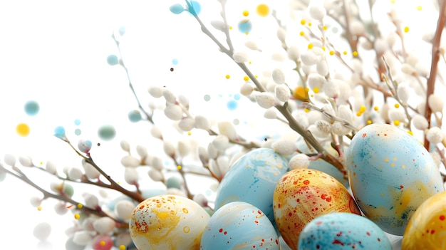 Easter background with colored eggs Easter composition with a willow branch and eggs