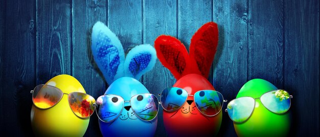 Easter background with colorful easter eggs on wooden background