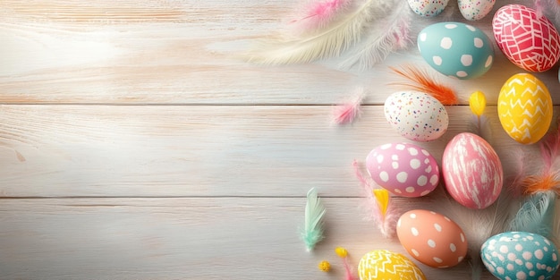 Photo easter background with colorful eggs and feathers on a wooden table