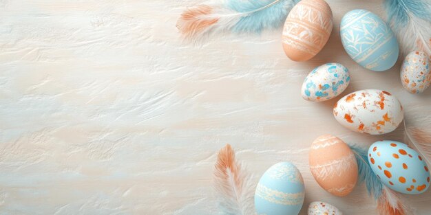 Easter background with colorful eggs and feathers on a wooden table