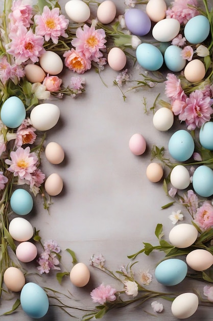 Easter background with colorful eggs and flowers Top view with copy space