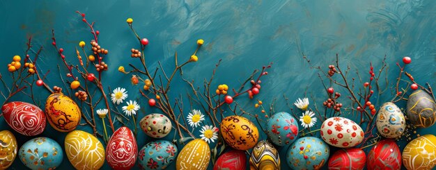 Easter background with colorful painted eggs and flowers Top view Happy Easter concept