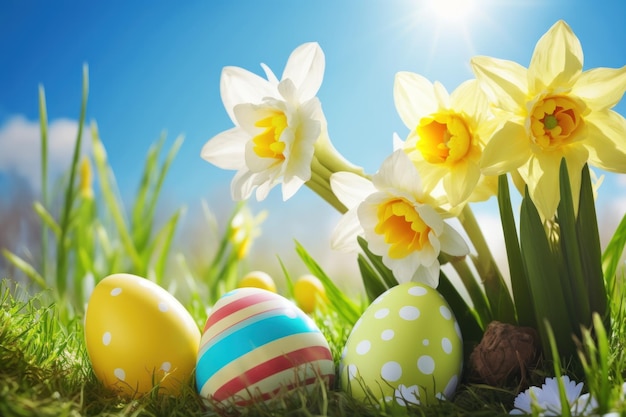 Easter background with Daffodils And Brightly Decorated Eggs In Sunny Meadow