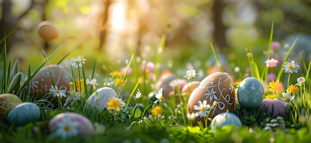 Easter Background With Easter Eggs Bunny Ears Painted Eggs Rabbit Eggs On Meadow Ai Generated