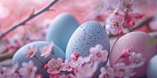 Easter background with eggs and flowers Generative AI