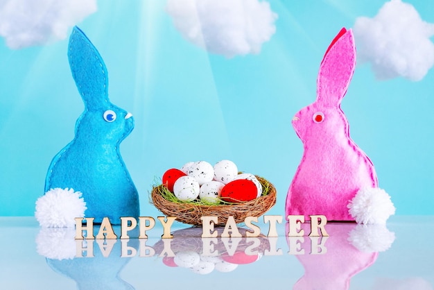 Easter background with eggs and rabbits