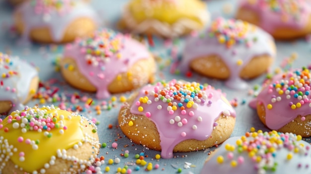 Easter background with empty space Festive Easter cookies with pastel icing and colorful sprinkles on a blue backdrop perfect for a spring holiday treat