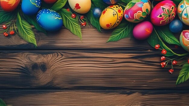 easter background wooden wall with copy space egg pattern leaves and flowers generative ai