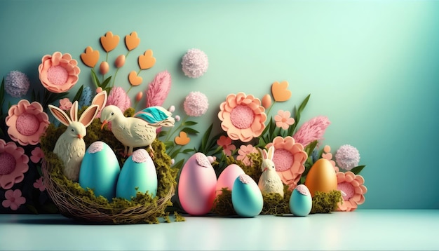 Easter Banner floral composition with delicate pastel eggs and flowers