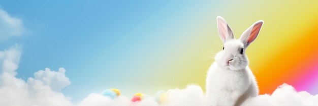 Easter banner with copy space Cute white rabbit sitting on the cloud with colored eggs White Rabbit