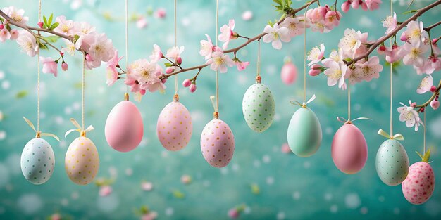 Photo easter banner with hanging pastel pink easter eggs and spring blossom at light at blue turquoise background copy space