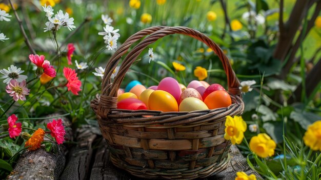 Easter Basket Filled with Colorful Eggs in a Spring Garden