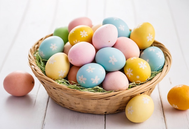 Easter basket filled with hand painted Easter Eggs on a white background