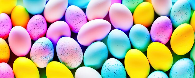 Easter basket filled with painted Easter eggs on a pastel background