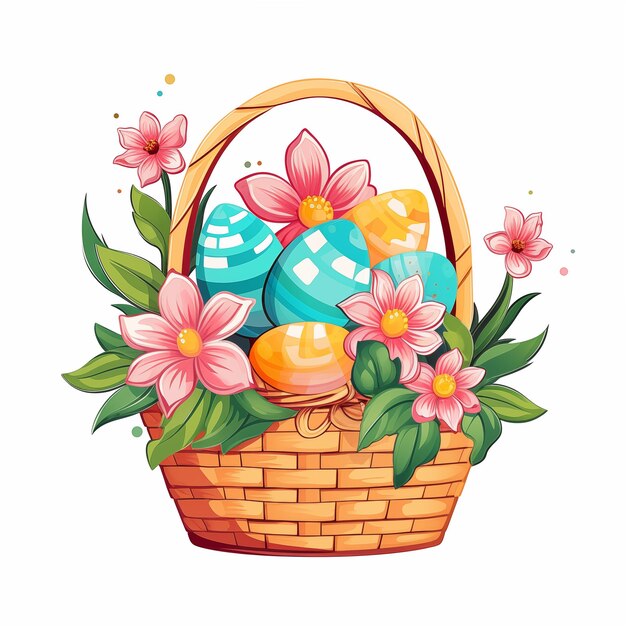 Photo easter basket filled with painted eggs and flowers in a vibrant spring illustration