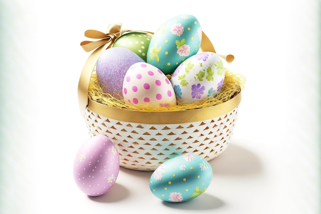 Easter basket with beautiful painted eggs isolated on white background