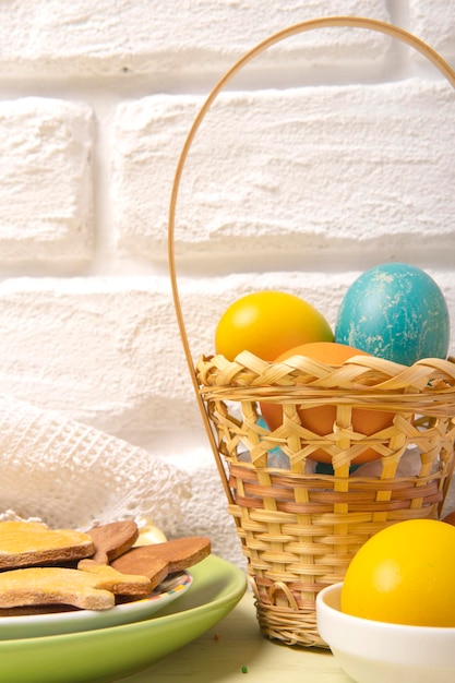 Easter basket with colored eggs