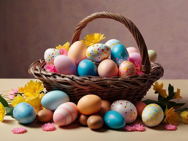 Easter Basket with Colorful Eggs and Spring Flowers