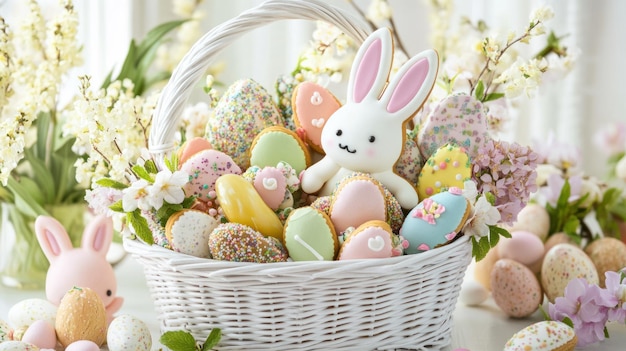 Photo easter basket with cookies and flowers