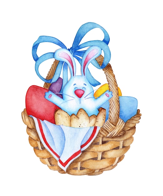 Easter basket with eggs and blue rabbit watercolor